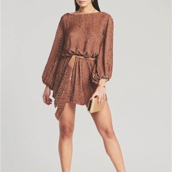 Retrofete Grace Sequin Long Sleeve Mini Dress with Velvet Tie Belt Bronze SizeXS - Picture 12 of 14